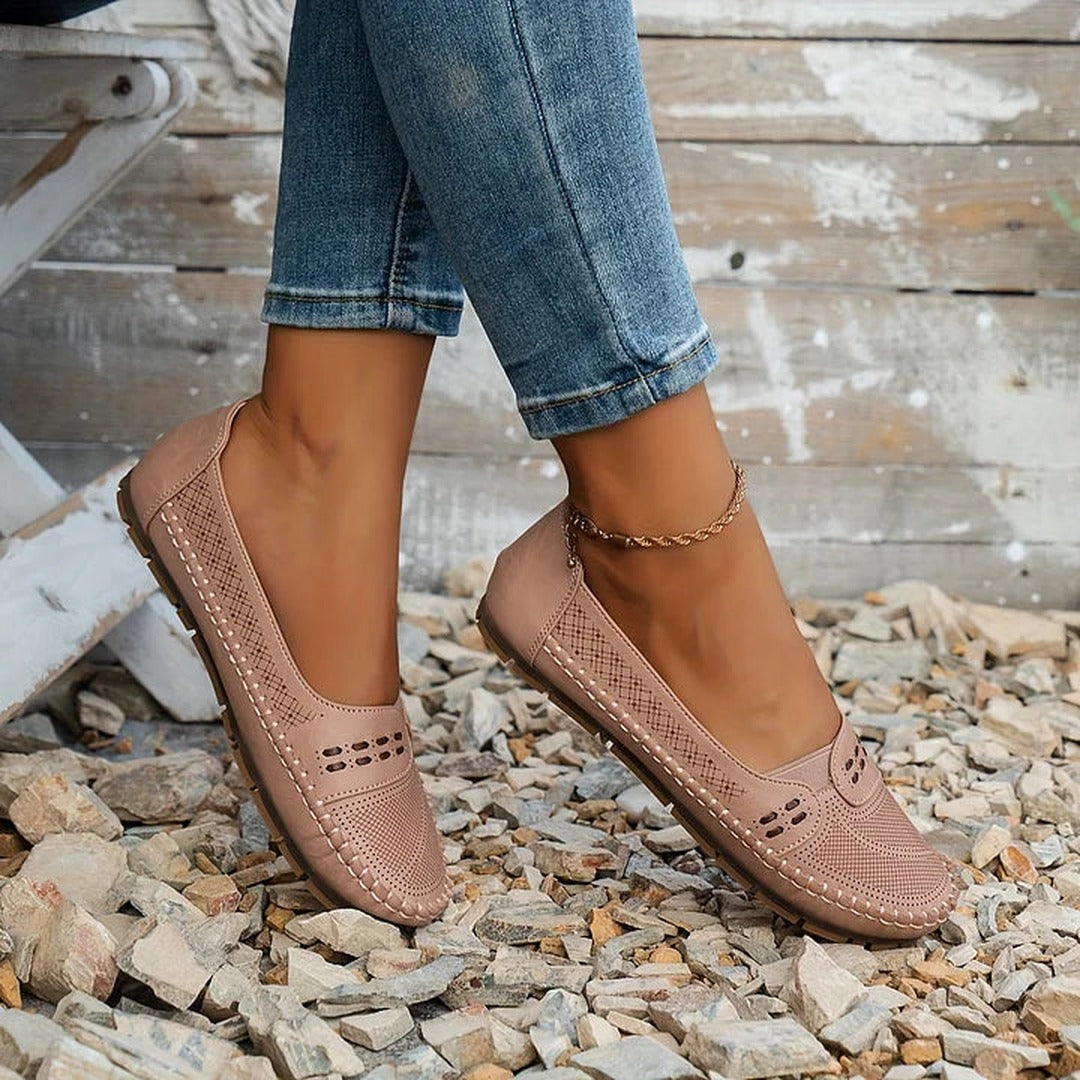 Women's Slip-On Flat Shoes with Perforated Upper and Whipstitch Edge Detail