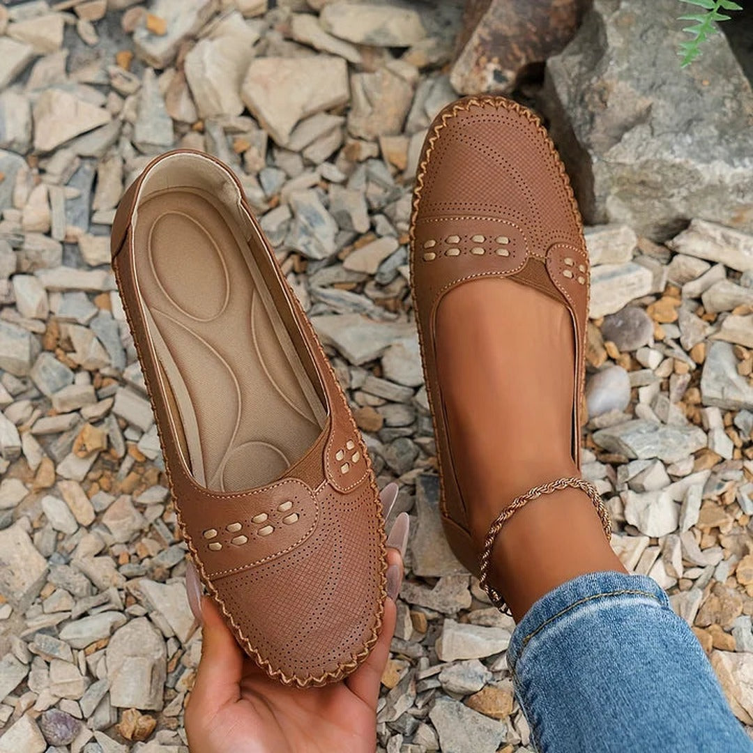 Women's Slip-On Flat Shoes with Perforated Upper and Whipstitch Edge Detail
