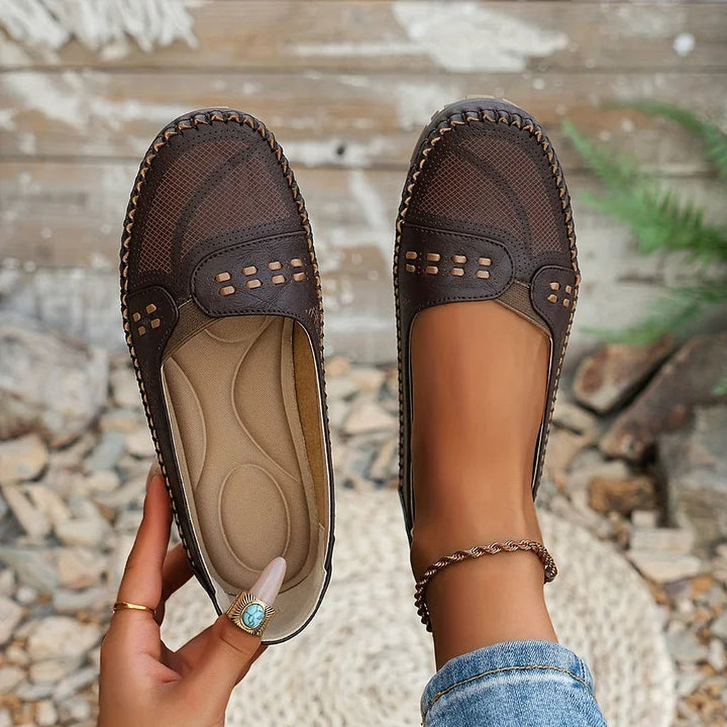 Women's Slip-On Flat Shoes with Perforated Upper and Whipstitch Edge Detail