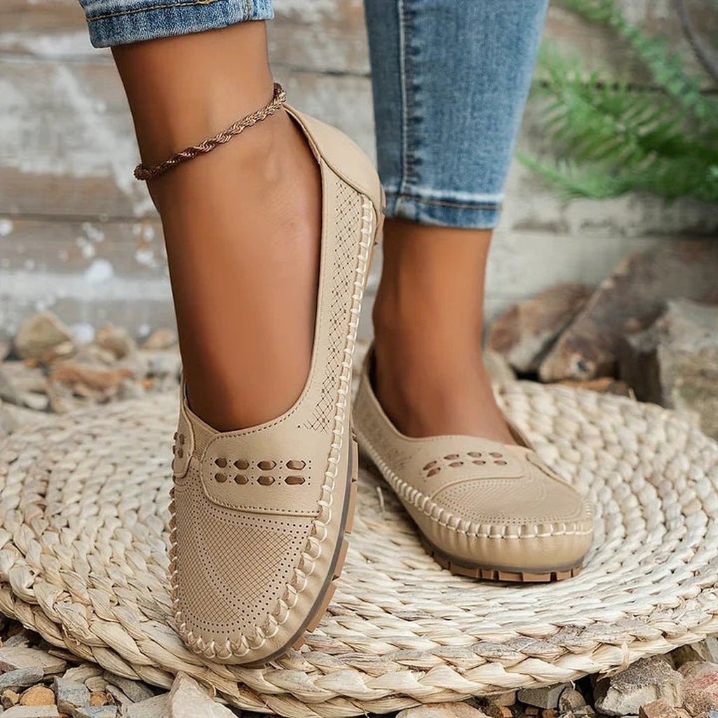 Women's Slip-On Flat Shoes with Perforated Upper and Whipstitch Edge Detail