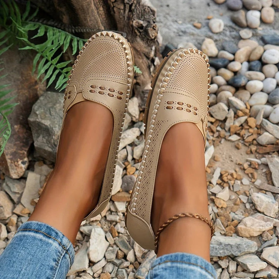 Women's Slip-On Flat Shoes with Perforated Upper and Whipstitch Edge Detail