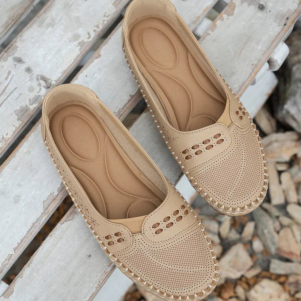 Women's Slip-On Flat Shoes with Perforated Upper and Whipstitch Edge Detail