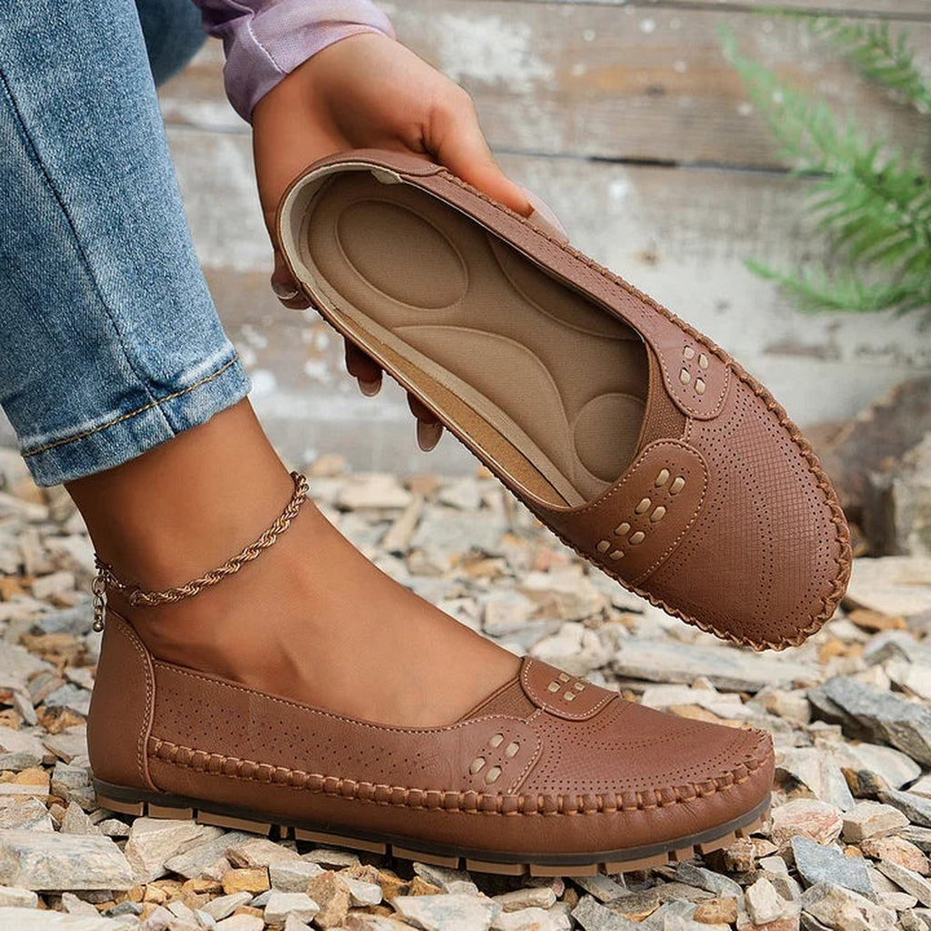 Women's Slip-On Flat Shoes with Perforated Upper and Whipstitch Edge Detail