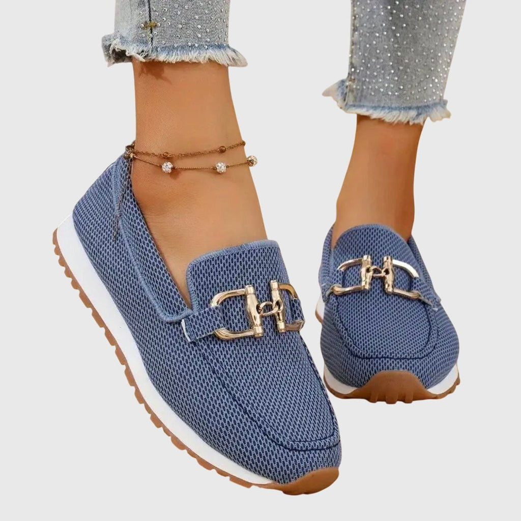 Women's Slip-On Loafers with Gold-Tone Chain Horsebit Detail and Textured Upper