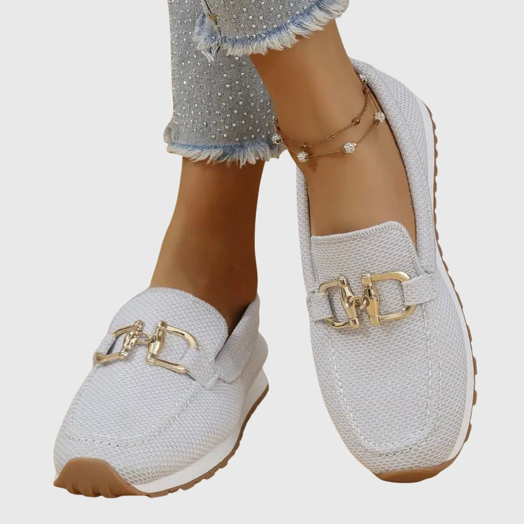 Women's Slip-On Loafers with Gold-Tone Chain Horsebit Detail and Textured Upper