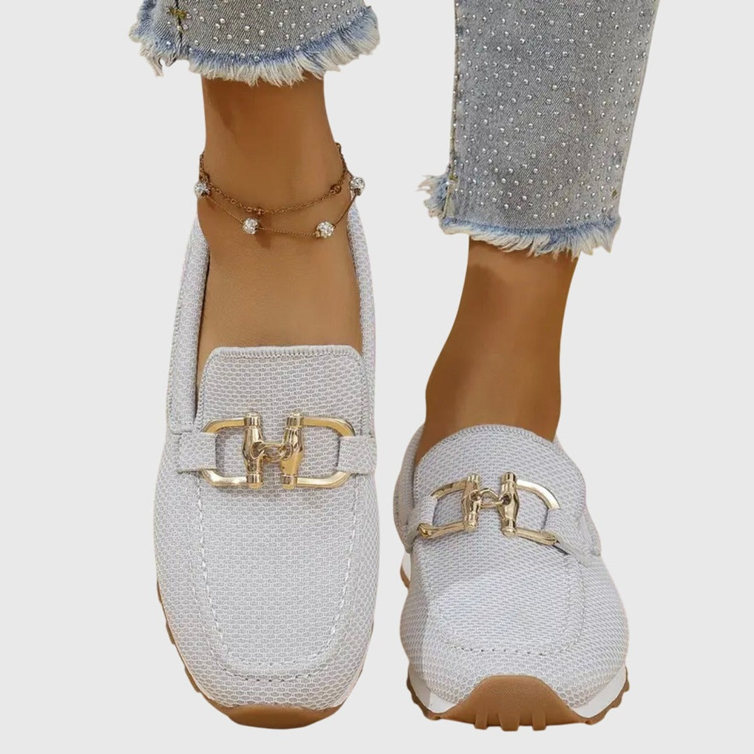 Women's Slip-On Loafers with Gold-Tone Chain Horsebit Detail and Textured Upper