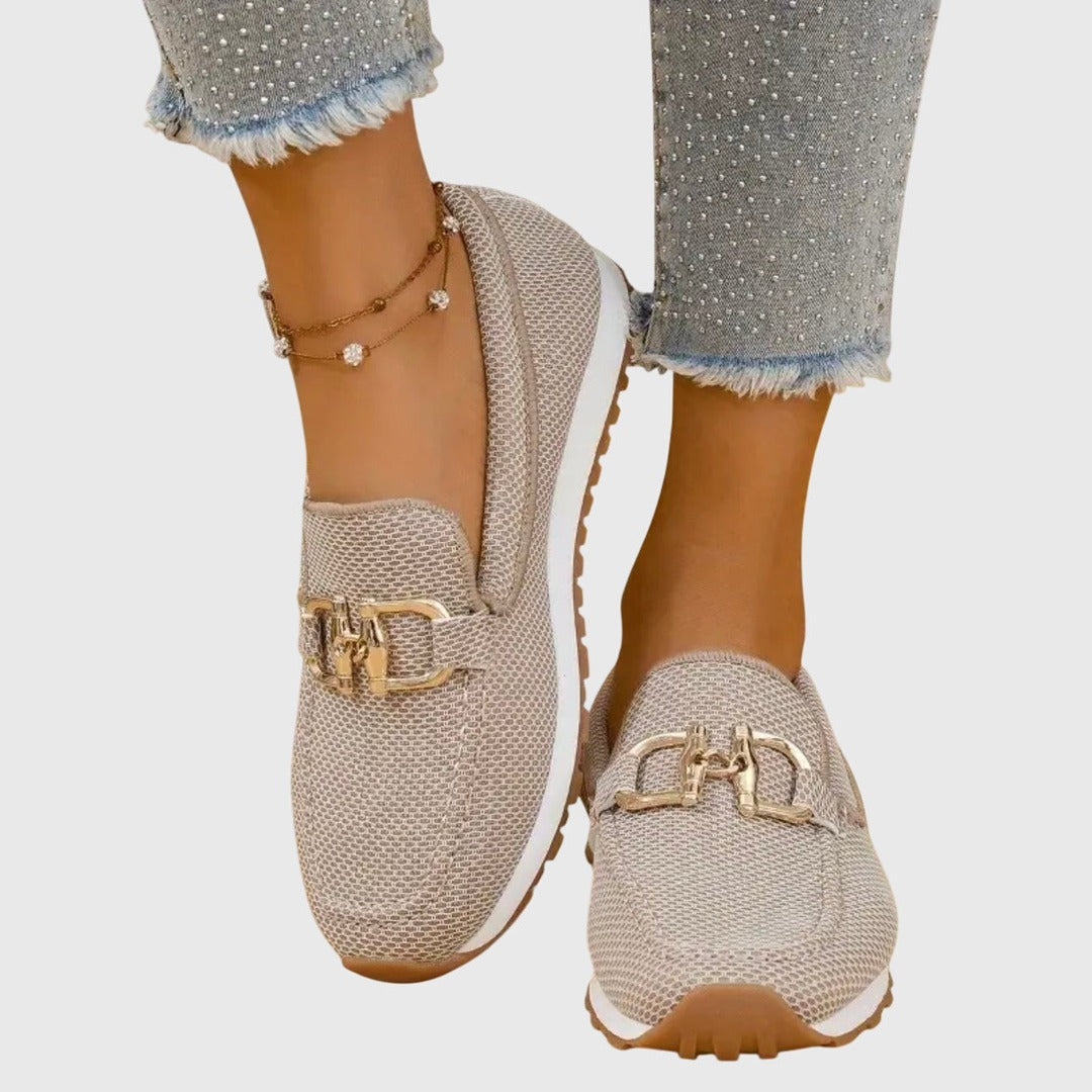 Women's Slip-On Loafers with Gold-Tone Chain Horsebit Detail and Textured Upper