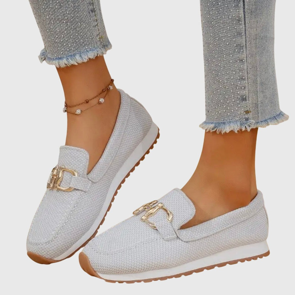 Women's Slip-On Loafers with Gold-Tone Chain Horsebit Detail and Textured Upper
