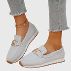 Women's Slip-On Loafers with Gold-Tone Chain Horsebit Detail and Textured Upper