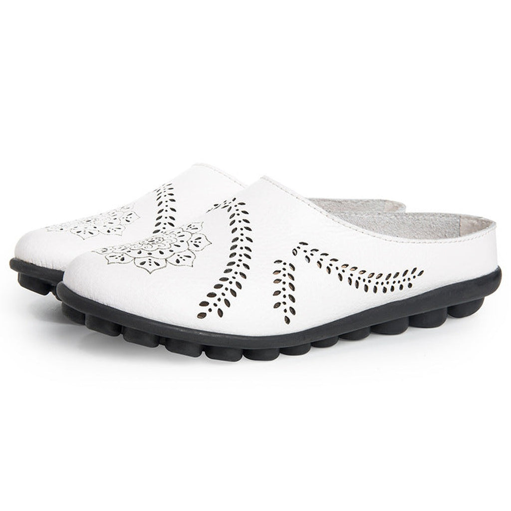 Women's Slip-On Mule Flats with Laser-Cut Floral and Leaf Cutout Upper and Segmented Tread Outsole