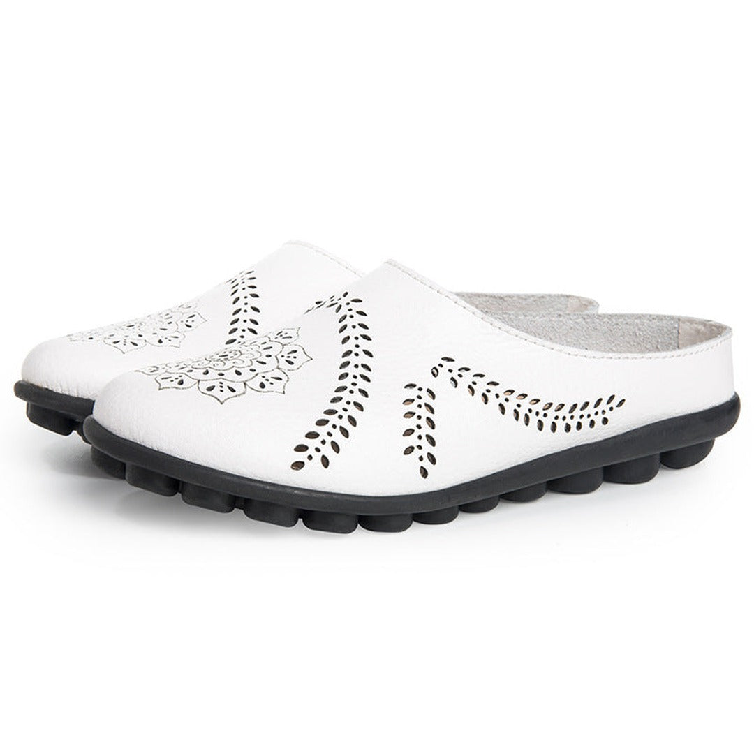 Women's Slip-On Mule Flats with Laser-Cut Floral and Leaf Cutout Upper and Segmented Tread Outsole