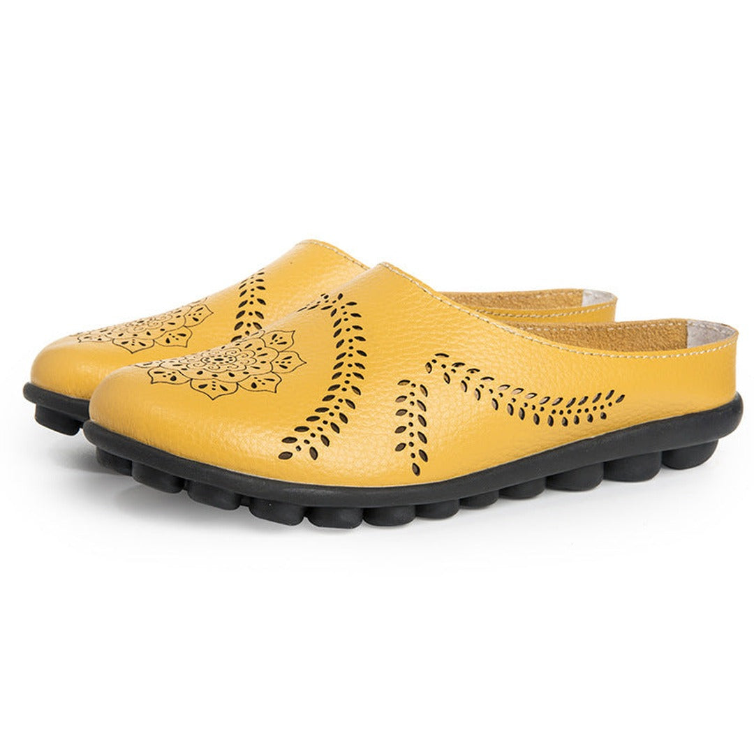 Women's Slip-On Mule Flats with Laser-Cut Floral and Leaf Cutout Upper and Segmented Tread Outsole