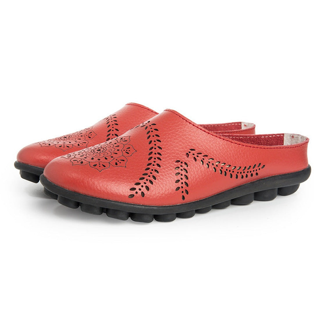 Women's Slip-On Mule Flats with Laser-Cut Floral and Leaf Cutout Upper and Segmented Tread Outsole