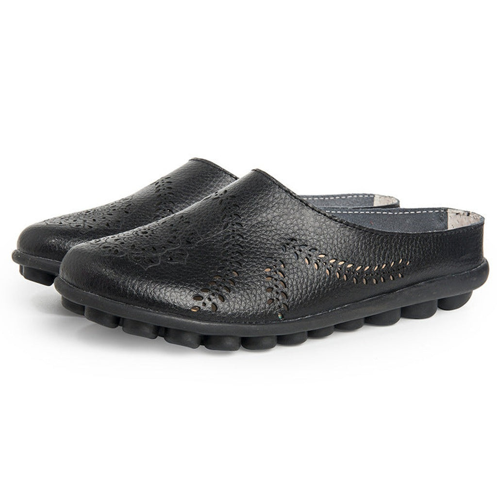 Women's Slip-On Mule Flats with Laser-Cut Floral and Leaf Cutout Upper and Segmented Tread Outsole
