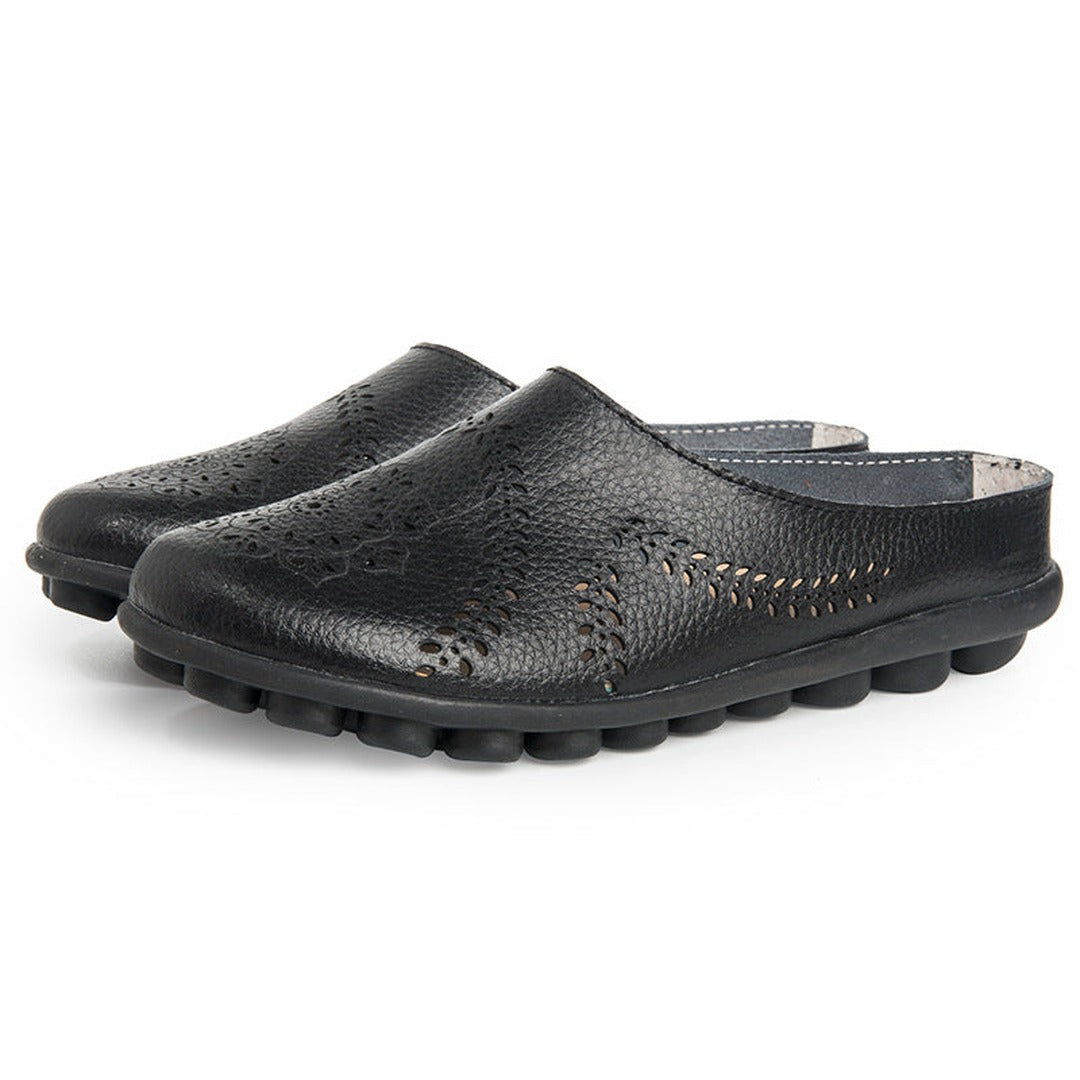 Women's Slip-On Mule Flats with Laser-Cut Floral and Leaf Cutout Upper and Segmented Tread Outsole