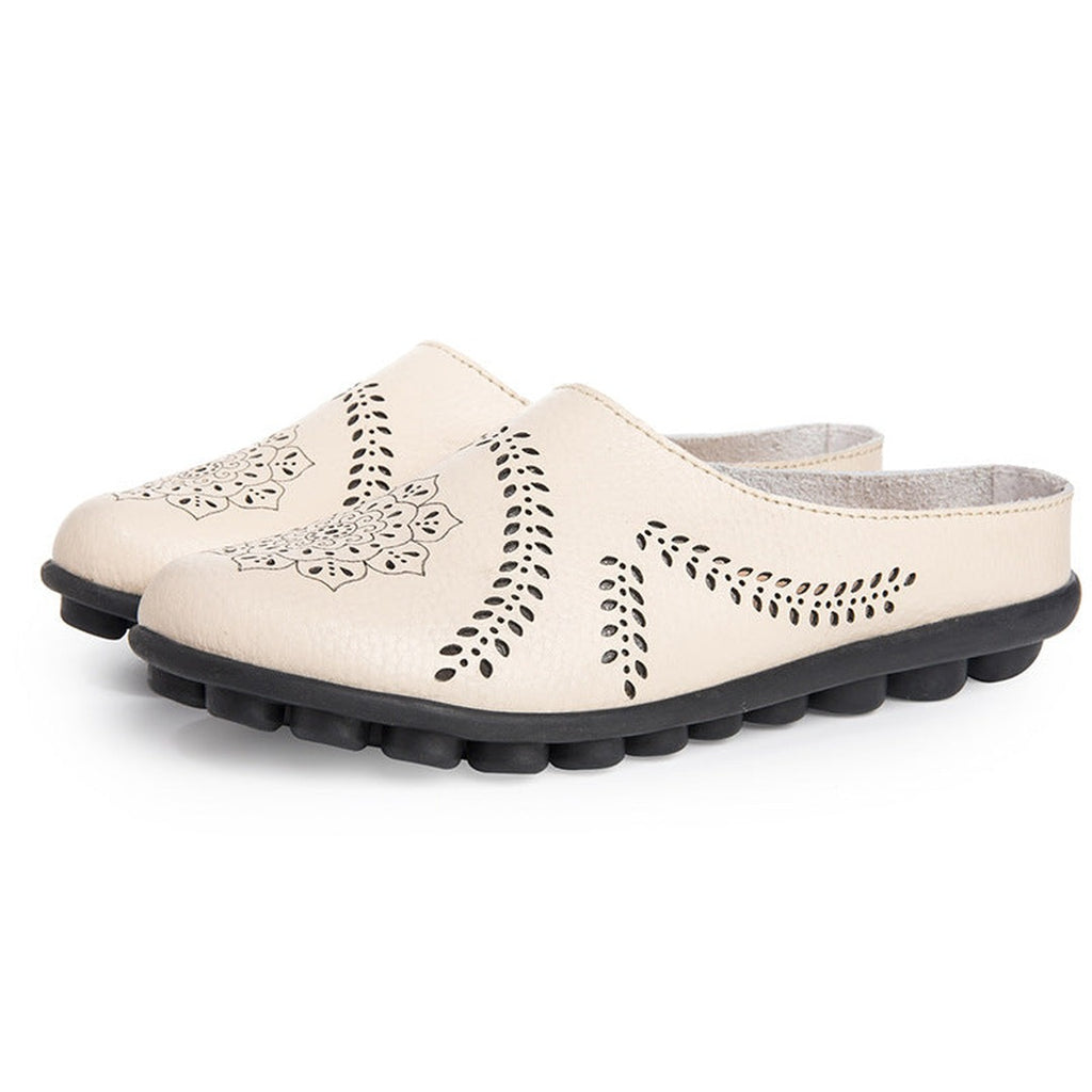 Women's Slip-On Mule Flats with Laser-Cut Floral and Leaf Cutout Upper and Segmented Tread Outsole