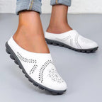 Women's Slip-On Mule Flats with Laser-Cut Floral and Leaf Cutout Upper and Segmented Tread Outsole