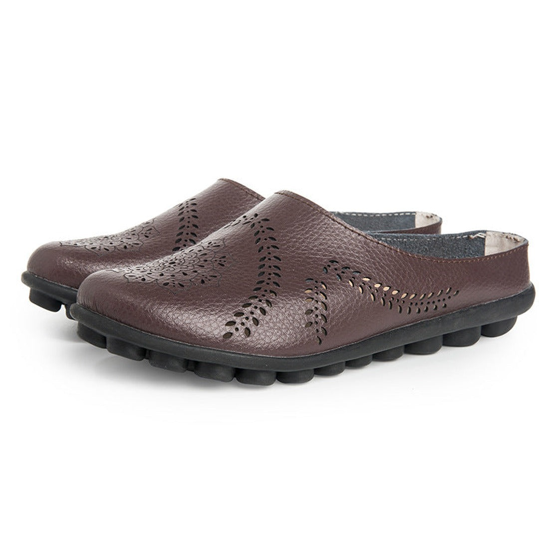 Women's Slip-On Mule Flats with Laser-Cut Floral and Leaf Cutout Upper and Segmented Tread Outsole