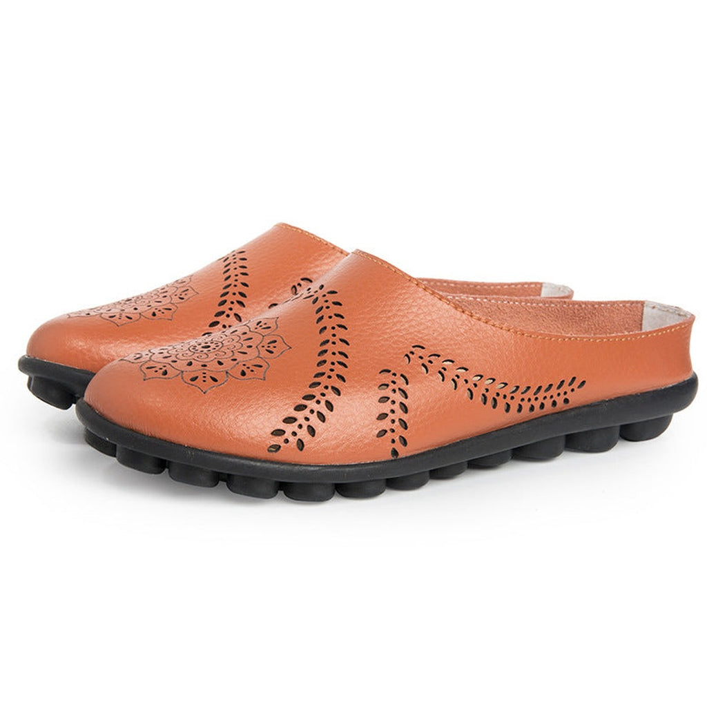 Women's Slip-On Mule Flats with Laser-Cut Floral and Leaf Cutout Upper and Segmented Tread Outsole