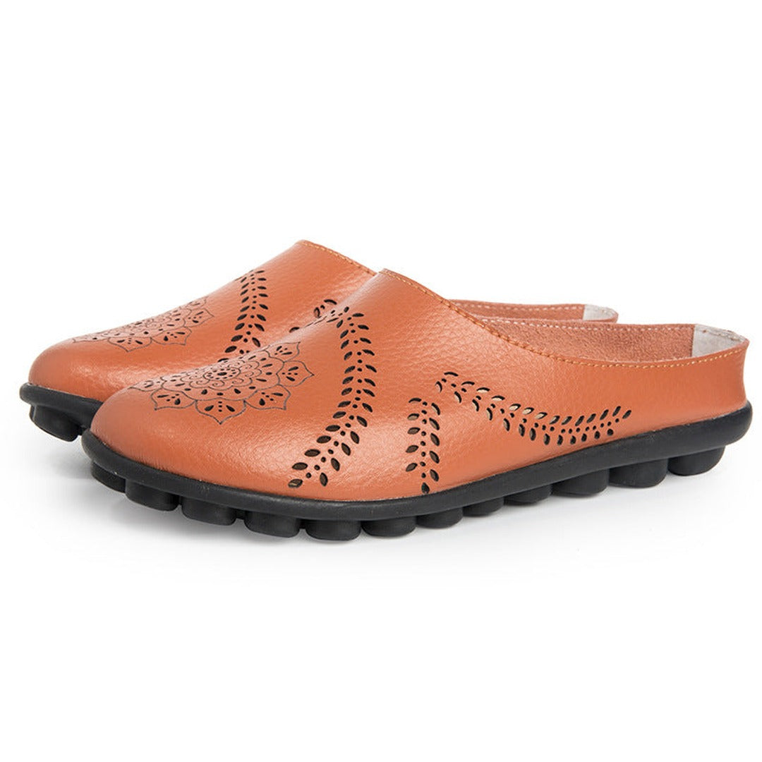 Women's Slip-On Mule Flats with Laser-Cut Floral and Leaf Cutout Upper and Segmented Tread Outsole