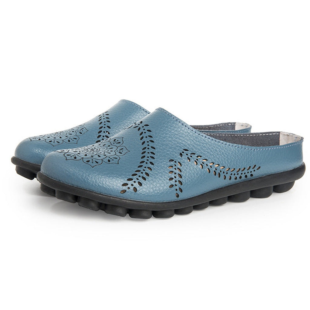Women's Slip-On Mule Flats with Laser-Cut Floral and Leaf Cutout Upper and Segmented Tread Outsole