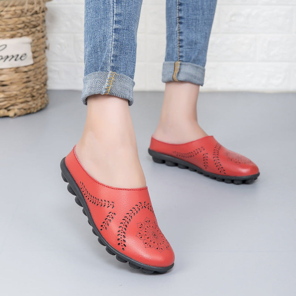 Women's Slip-On Mule Flats with Laser-Cut Floral and Leaf Cutout Upper and Segmented Tread Outsole