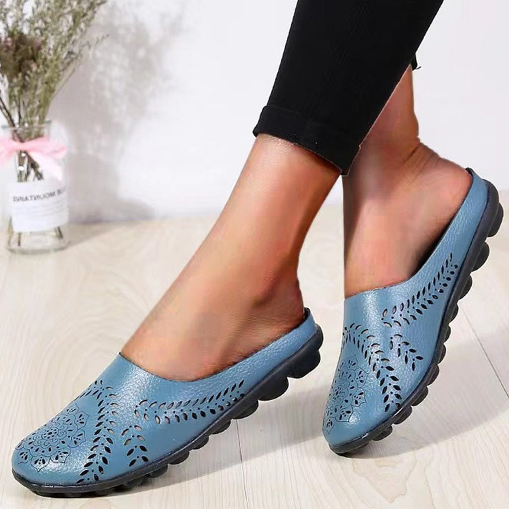 Women's Slip-On Mule Flats with Laser-Cut Floral and Leaf Cutout Upper and Segmented Tread Outsole