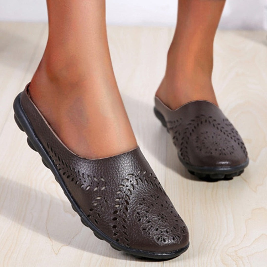 Women's Slip-On Mule Flats with Laser-Cut Floral and Leaf Cutout Upper and Segmented Tread Outsole
