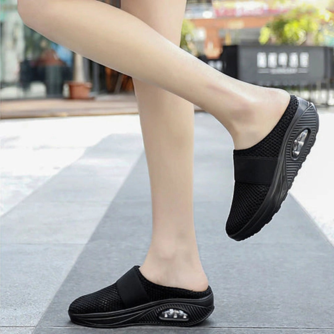 Women's Slip-On Mule Trainers with Open-Weave Upper and Visible Air Unit Platform Sole