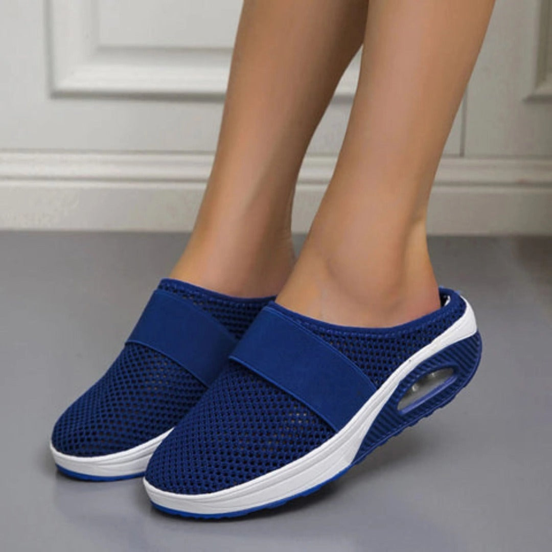 Women's Slip-On Mule Trainers with Open-Weave Upper and Visible Air Unit Platform Sole