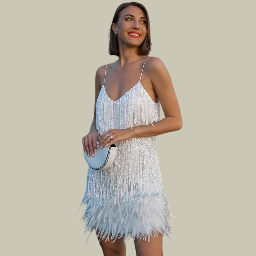 Women's Sparkly Party Mini Dress with Fringe and Feather Trim