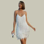 Women's Sparkly Party Mini Dress with Fringe and Feather Trim