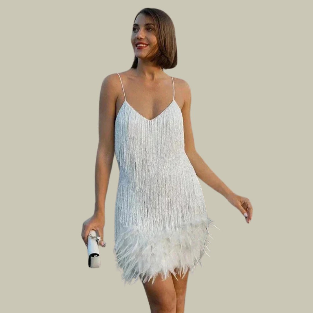 Women's Sparkly Party Mini Dress with Fringe and Feather Trim