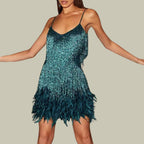 Women's Sparkly Party Mini Dress with Fringe and Feather Trim