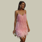 Women's Sparkly Party Mini Dress with Fringe and Feather Trim