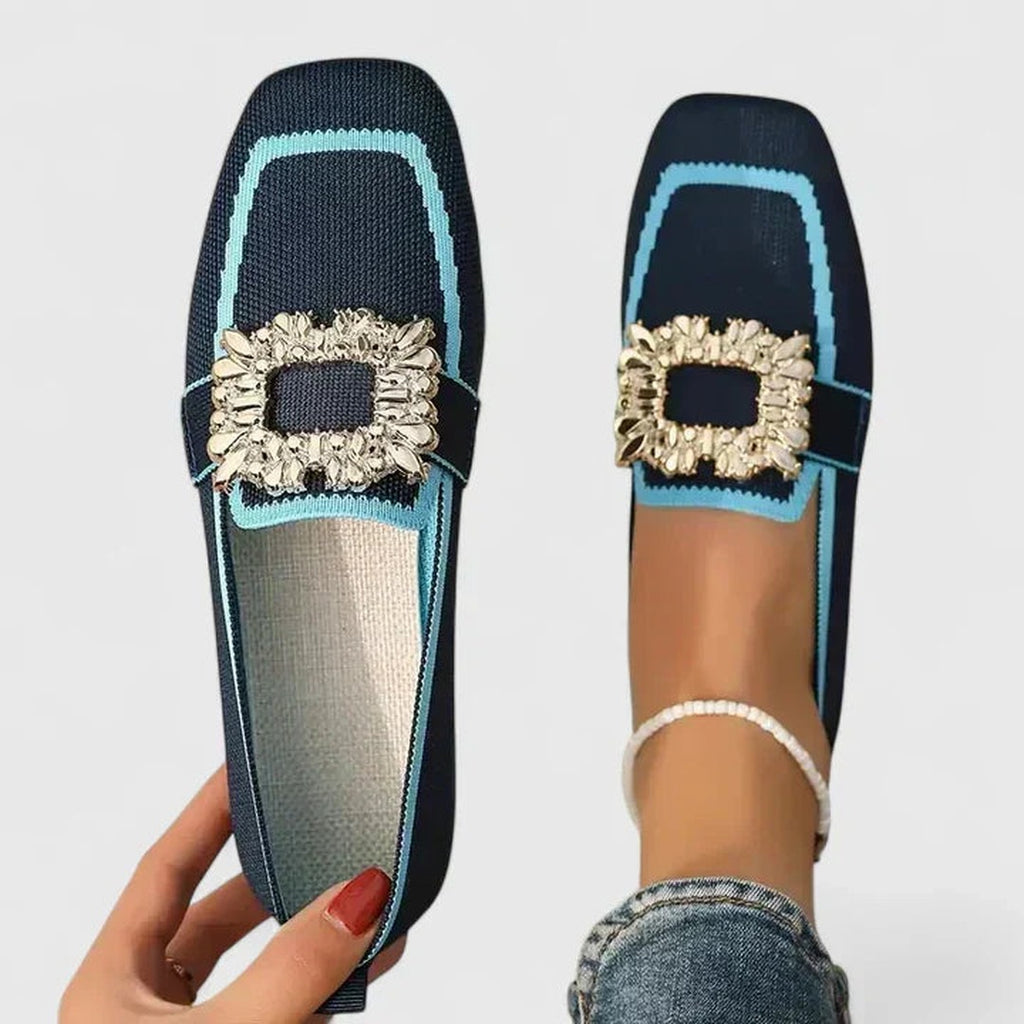 Women's Square Toe Flat Loafers with Embellished Buckle Detail and Contrast Trim