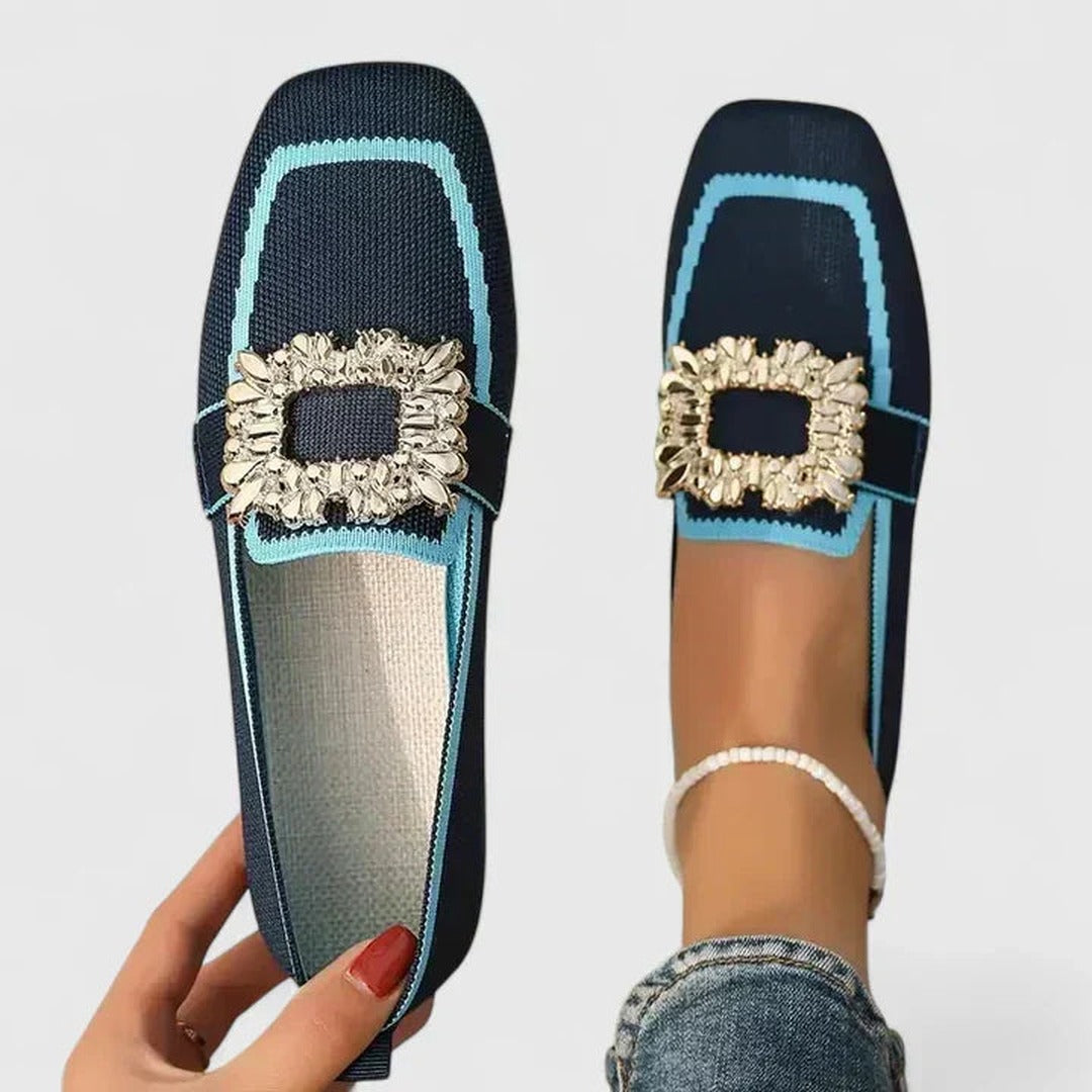 Women's Square Toe Flat Loafers with Embellished Buckle Detail and Contrast Trim