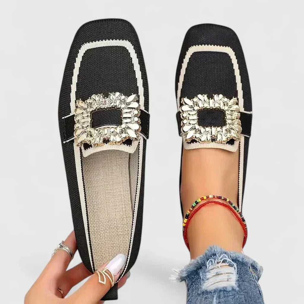 Women's Square Toe Flat Loafers with Embellished Buckle Detail and Contrast Trim