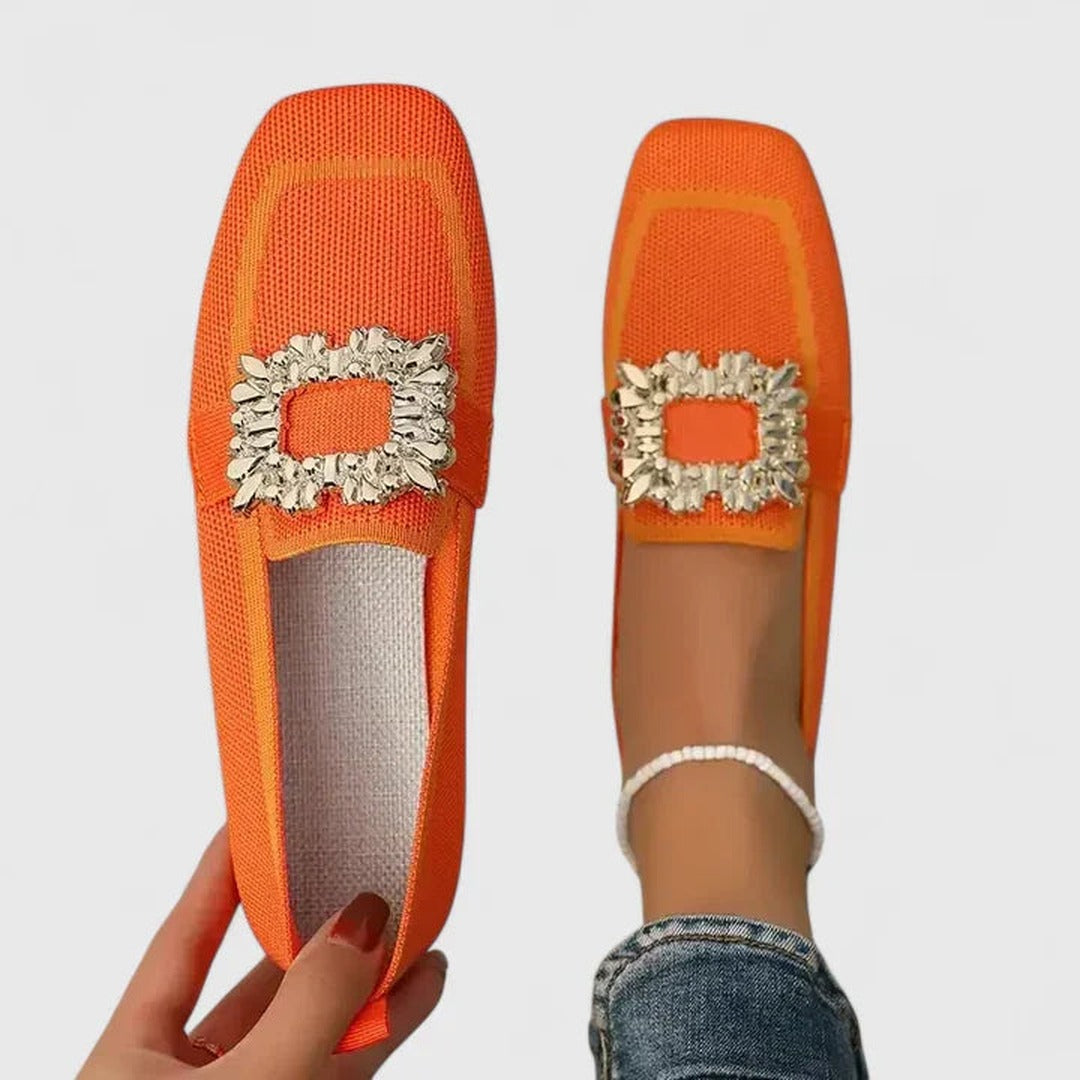 Women's Square Toe Flat Loafers with Embellished Buckle Detail and Contrast Trim