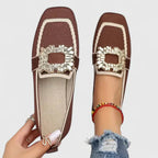 Women's Square Toe Flat Loafers with Embellished Buckle Detail and Contrast Trim