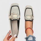 Women's Square Toe Flat Loafers with Embellished Buckle Detail and Contrast Trim