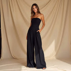 Women's Strapless Jumpsuit with Smocked Back Bodice and Wide-Leg Pleated Trousers