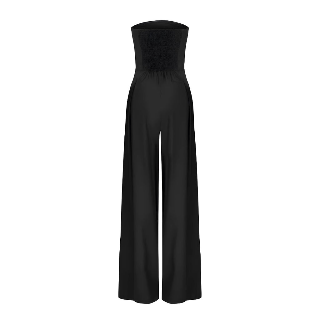 Women's Strapless Jumpsuit with Smocked Back Bodice and Wide-Leg Pleated Trousers