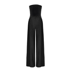 Women's Strapless Jumpsuit with Smocked Back Bodice and Wide-Leg Pleated Trousers