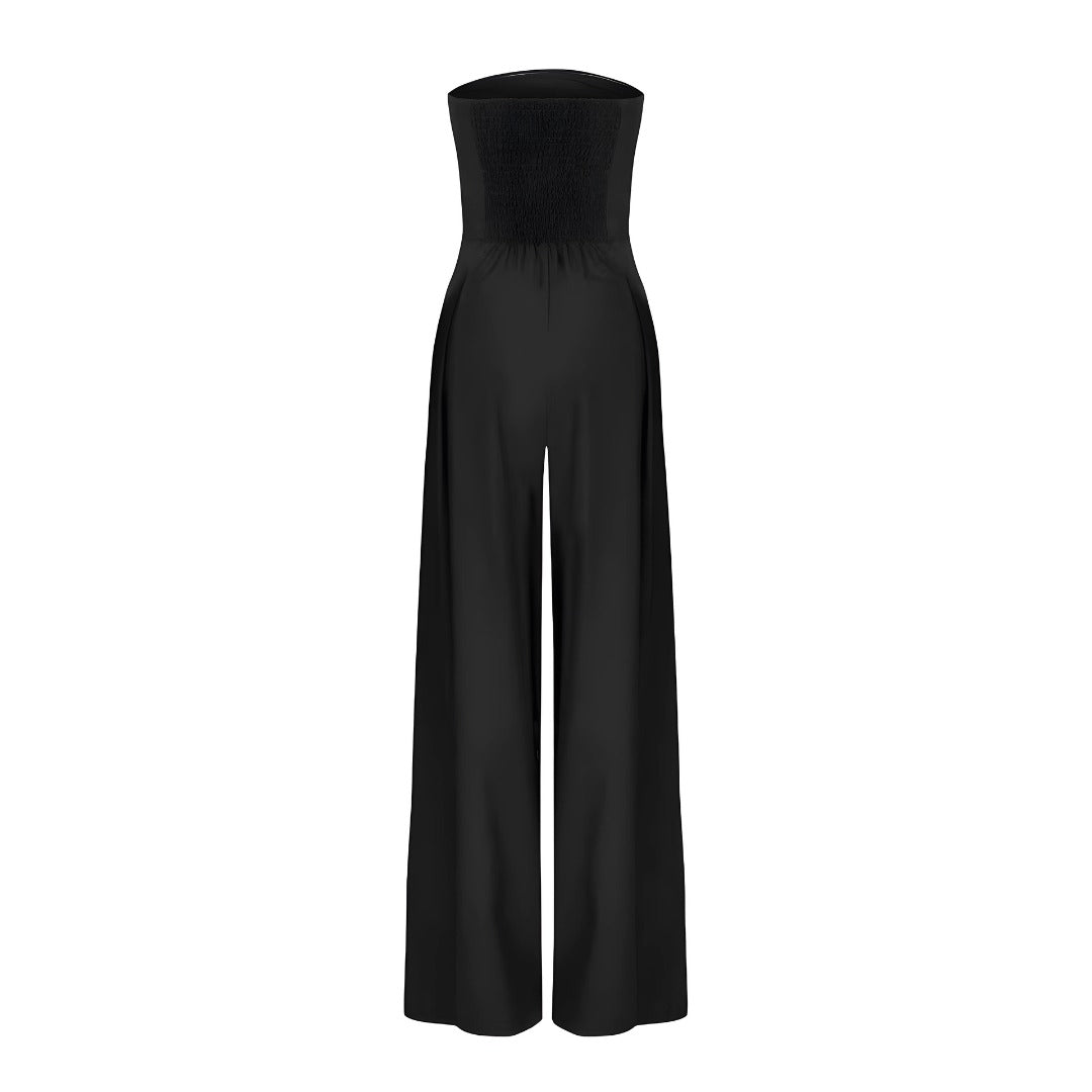 Women's Strapless Jumpsuit with Smocked Back Bodice and Wide-Leg Pleated Trousers
