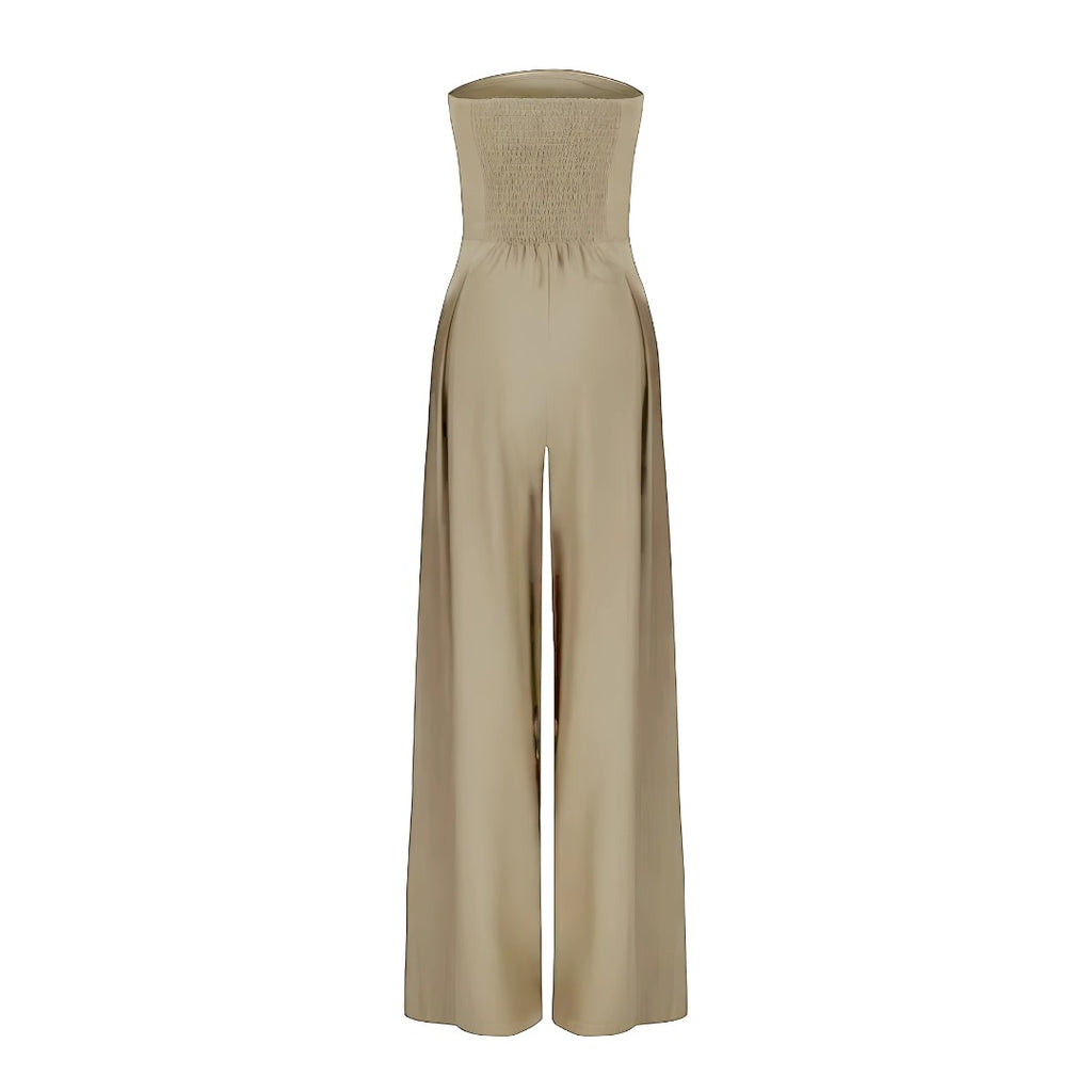 Women's Strapless Jumpsuit with Smocked Back Bodice and Wide-Leg Pleated Trousers