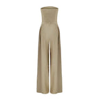 Women's Strapless Jumpsuit with Smocked Back Bodice and Wide-Leg Pleated Trousers