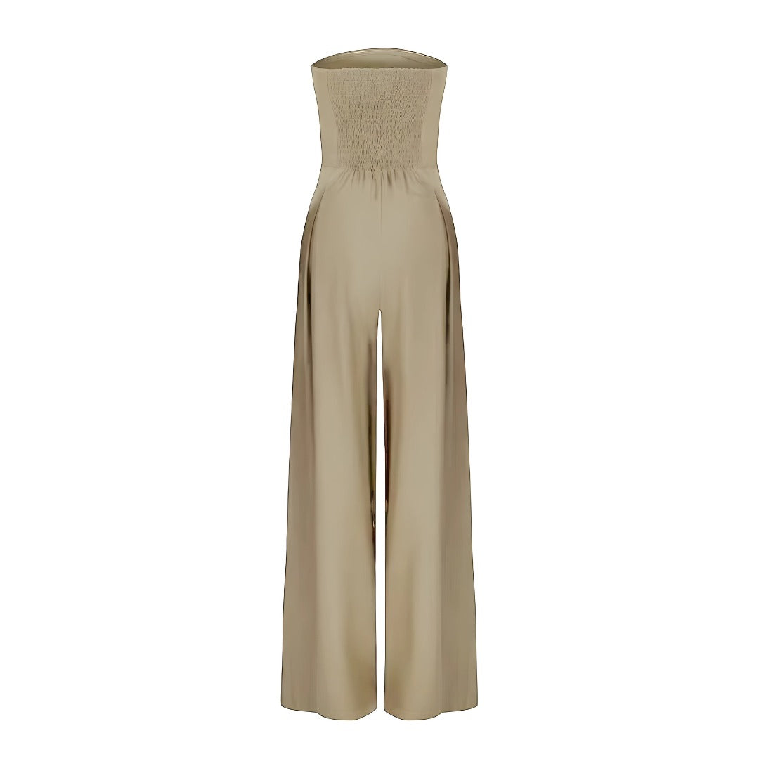 Women's Strapless Jumpsuit with Smocked Back Bodice and Wide-Leg Pleated Trousers