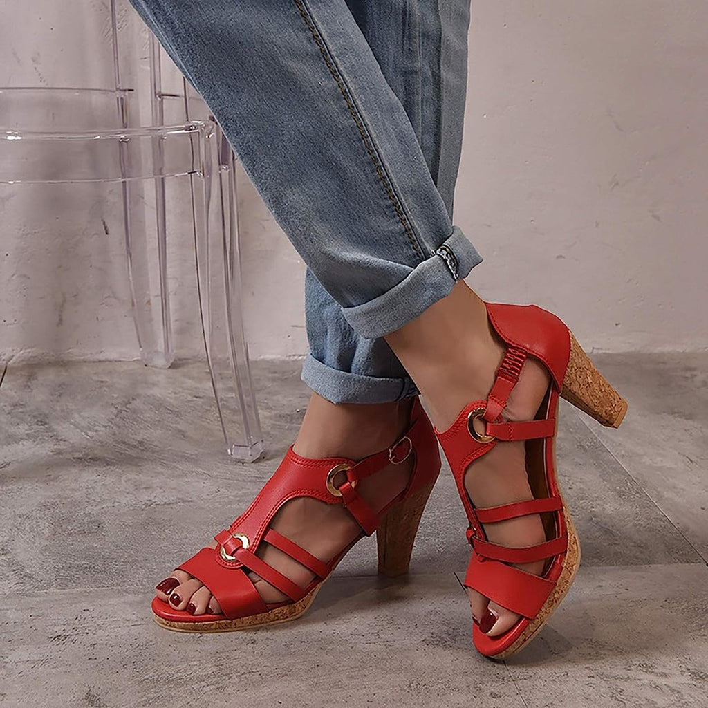 Women's Strappy Heeled Sandals with T-Bar Upper and Gold Eyelet Hardware