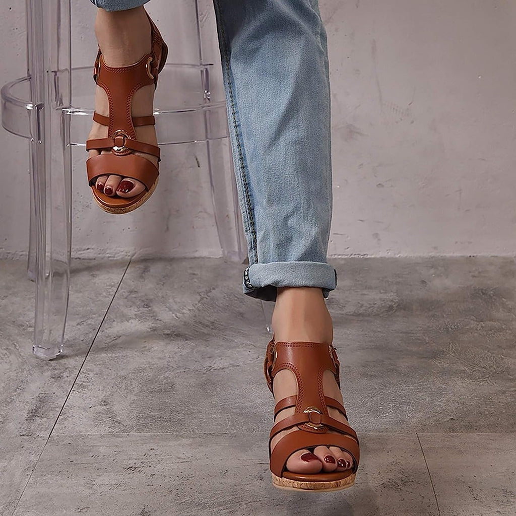 Women's Strappy Heeled Sandals with T-Bar Upper and Gold Eyelet Hardware